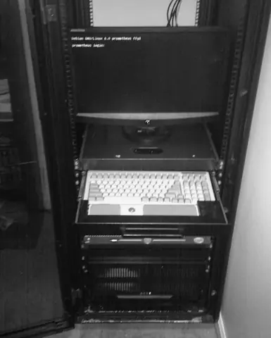 Feb 2011. Where it starts: an enclosed rack, a KVM drawer, and prometheus, a Dell PowerEdge that ran VMware vSphere, caught here at a Debian 6 login prompt.