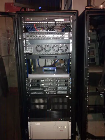 Mar 2012. The rack opened up: switches and 1U servers, with a desktop tower riding along at the bottom.