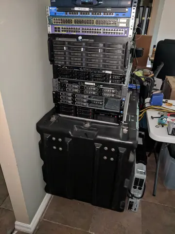 Jun 2018. Servers stacked on the new flight case, bought for moving the lab between homes. It earned its keep in Sep 2019, in two or three trips.